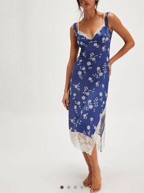 Free People Blue Floral Lace Trim Slip Dress-Size Large
